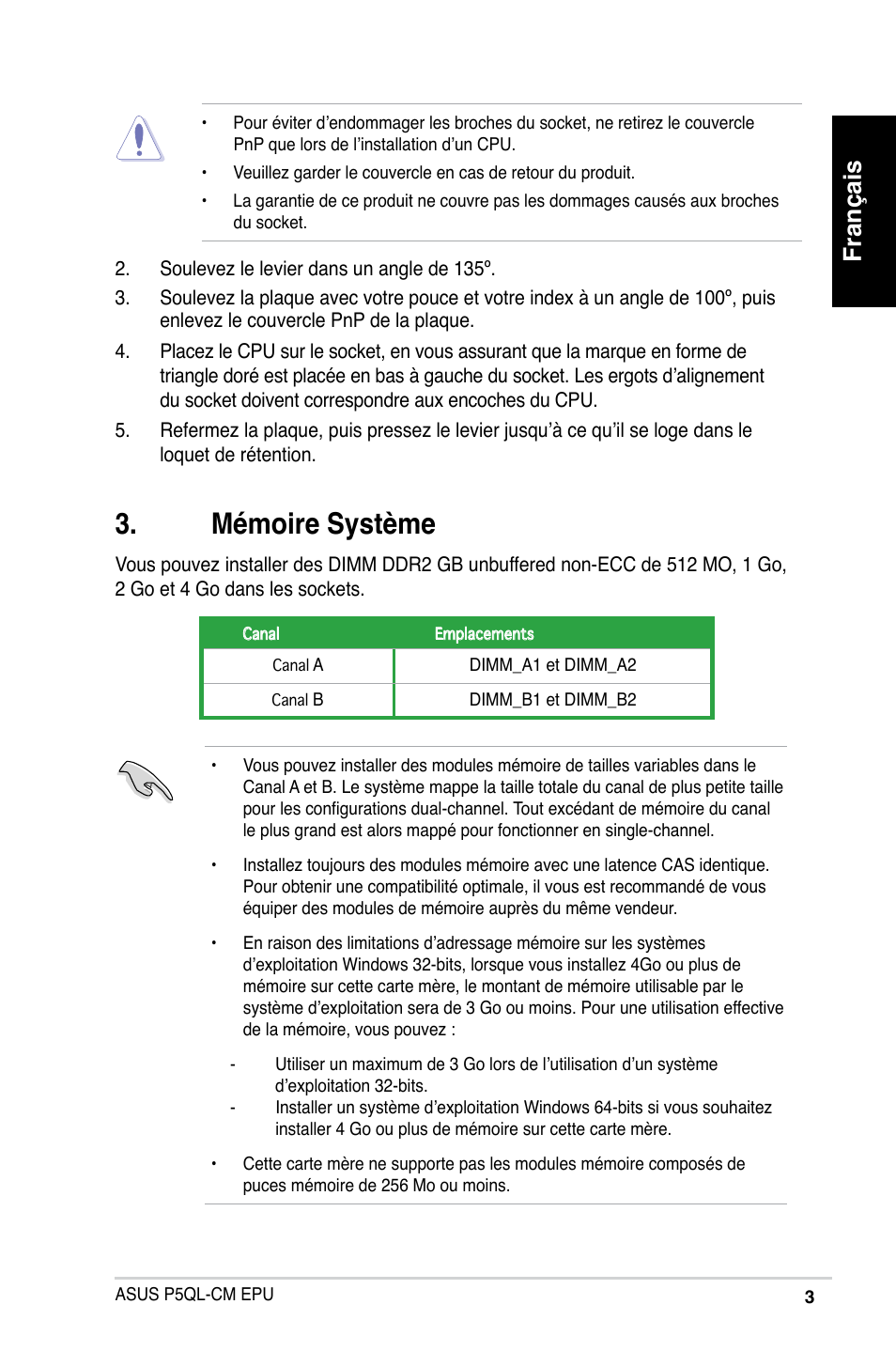 Mémoire système, Français | Asus P5QL-VM EPU User Manual | Page 3 / 38