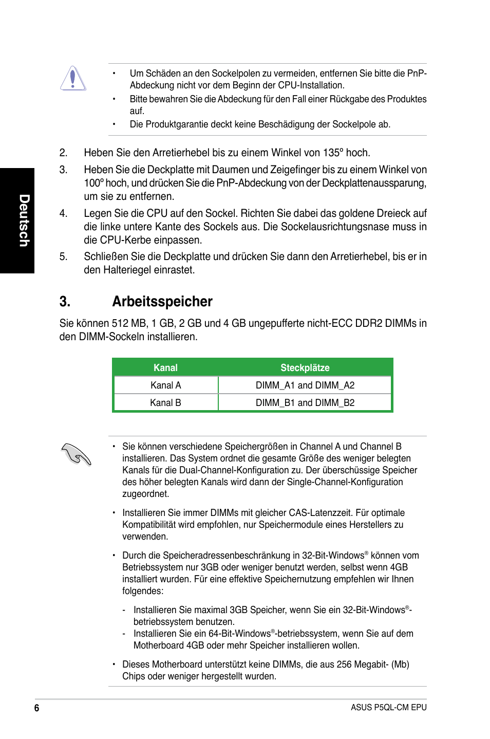 Arbeitsspeicher, Deutsch | Asus P5QL-VM EPU User Manual | Page 6 / 38