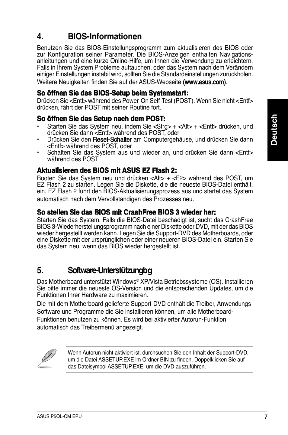 Bios-informationen, Software-unterstützungbg, Deutsch | Asus P5QL-VM EPU User Manual | Page 7 / 38