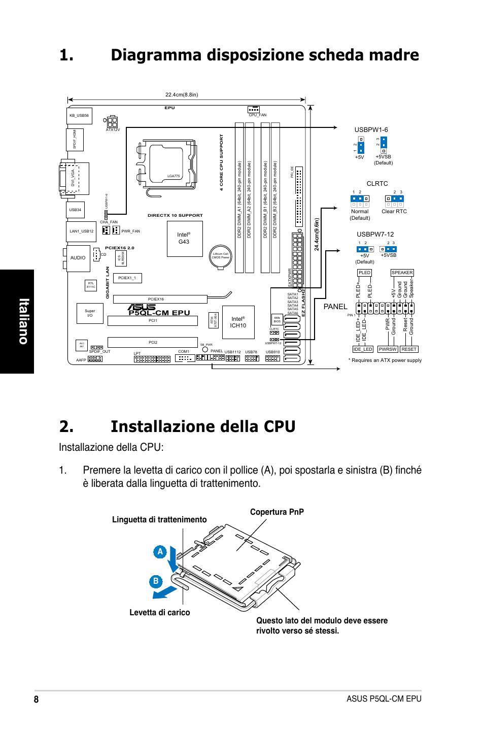 Italiano, Asus p5ql-cm epu, Panel | P5ql-cm epu | Asus P5QL-VM EPU User Manual | Page 8 / 38