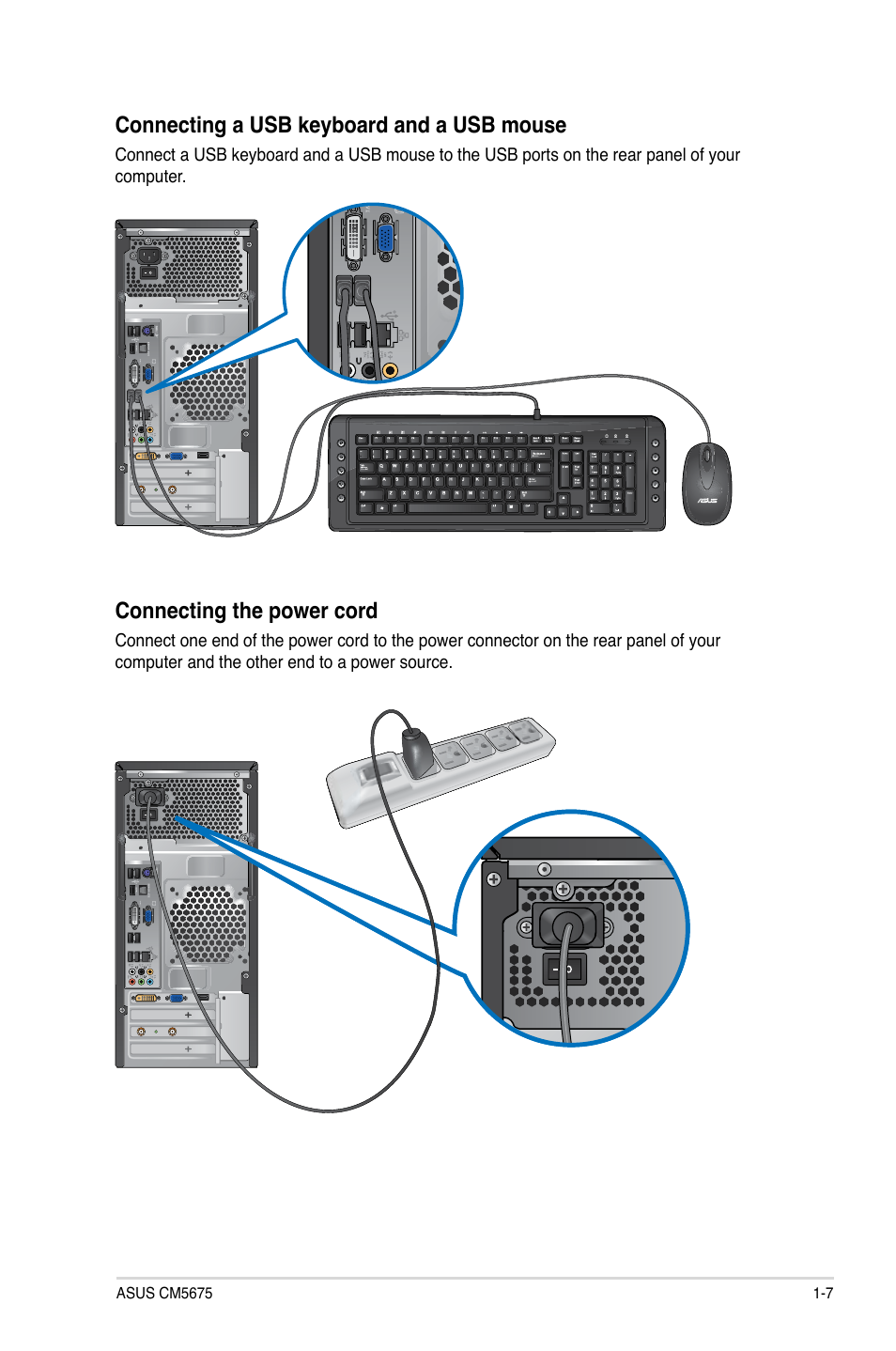 Connecting a usb keyboard and a usb mouse, Connecting the power cord | Asus CM5675 User Manual | Page 16 / 71