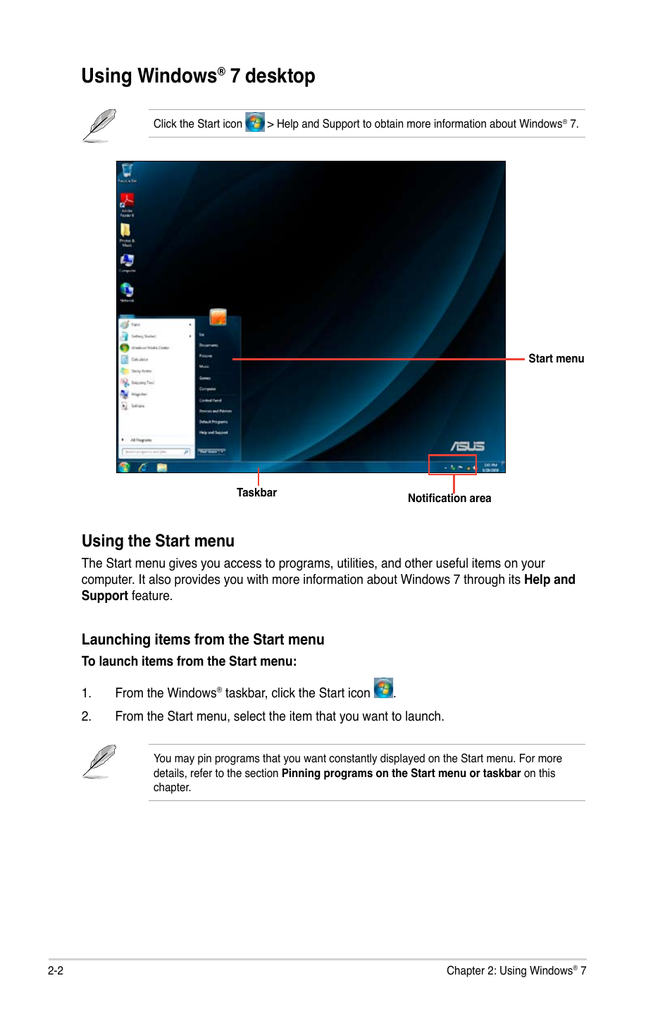 Using windows® 7 desktop, Using windows, 7 desktop -2 | 7 desktop, Using the start menu | Asus CM5675 User Manual | Page 19 / 71