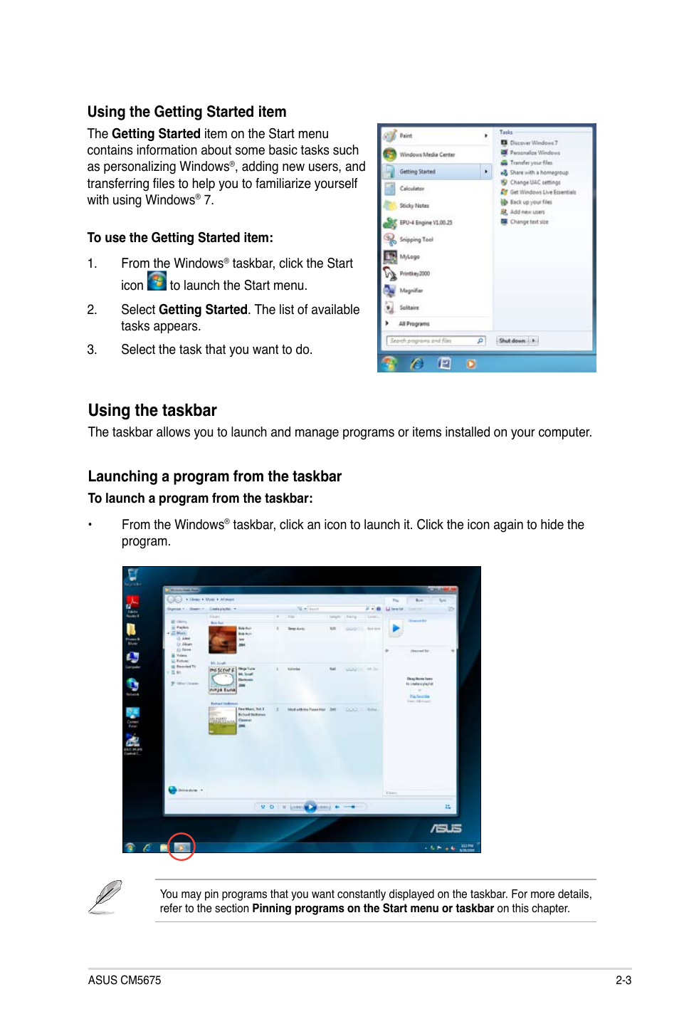 Using the taskbar | Asus CM5675 User Manual | Page 20 / 71