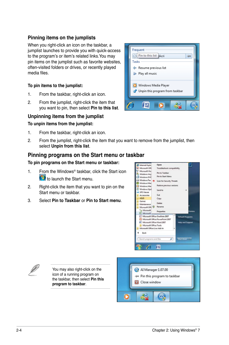 Pinning programs on the start menu or taskbar | Asus CM5675 User Manual | Page 21 / 71