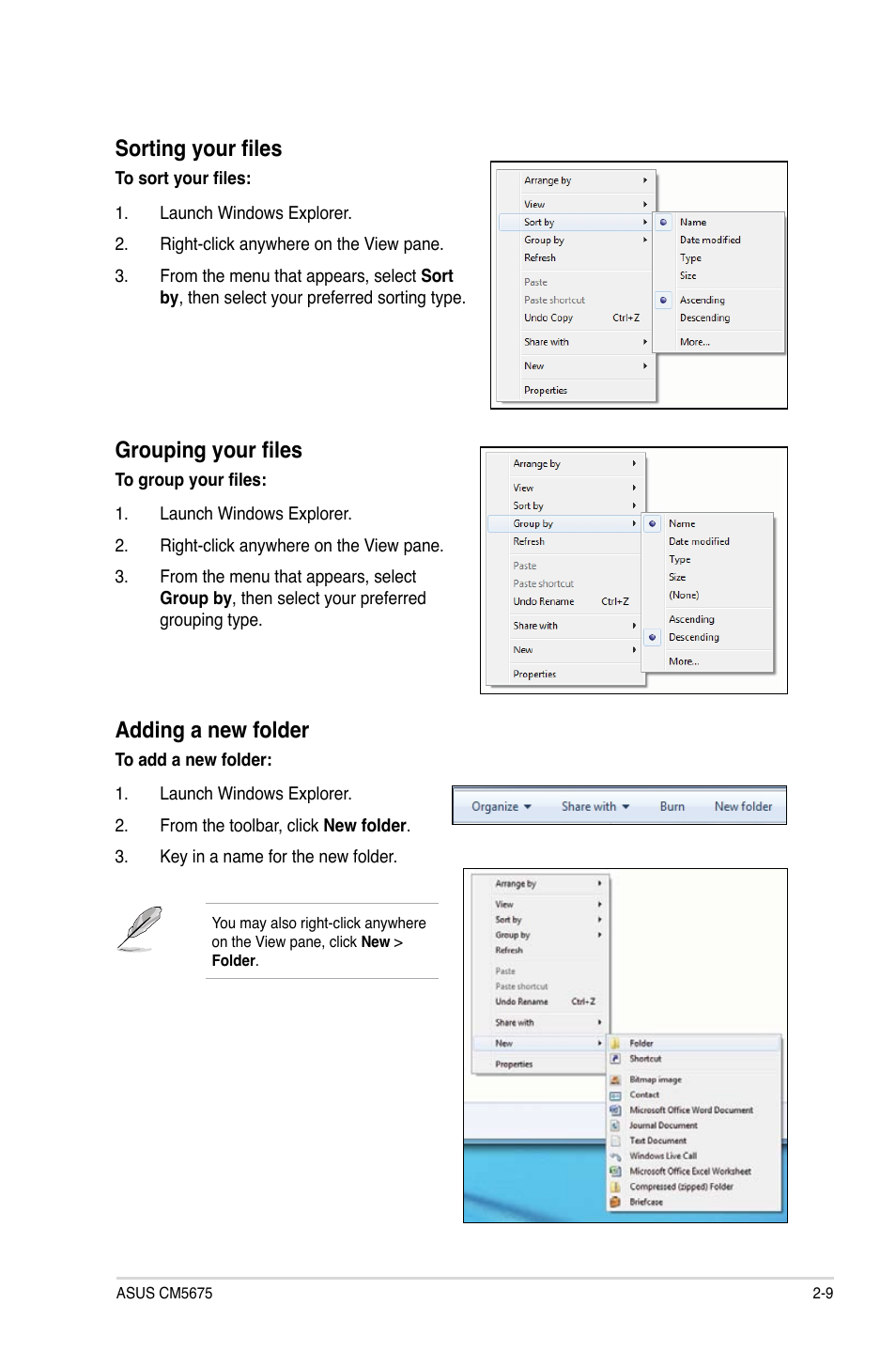 Sorting your files, Grouping your files, Adding a new folder | Asus CM5675 User Manual | Page 26 / 71