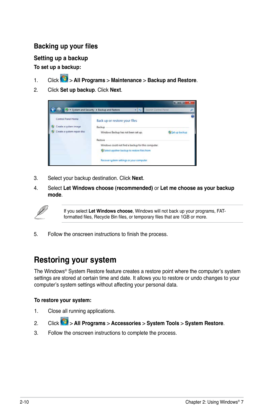 Restoring your system, Restoring your system -10, Backing up your files | Asus CM5675 User Manual | Page 27 / 71