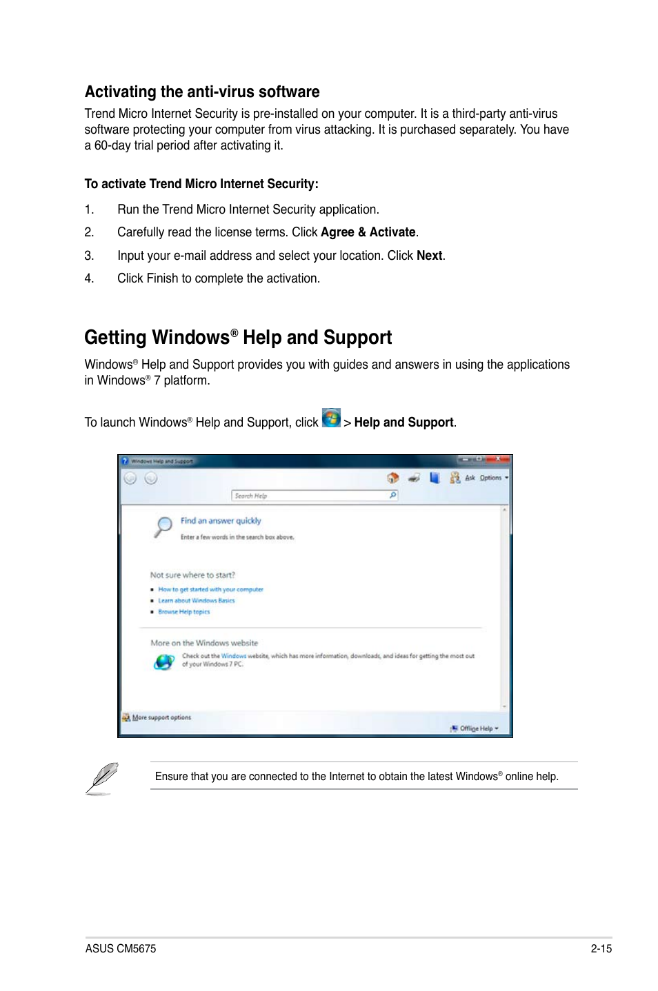 Getting windows® help and support, Getting windows, Help and support -15 | Help and support, Activating the anti-virus software | Asus CM5675 User Manual | Page 32 / 71