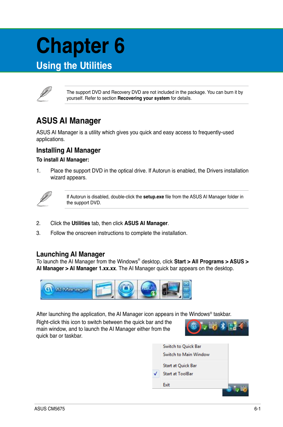 Chapter 6, Using the utilities, Asus ai manager | Asus ai manager -1 | Asus CM5675 User Manual | Page 51 / 71