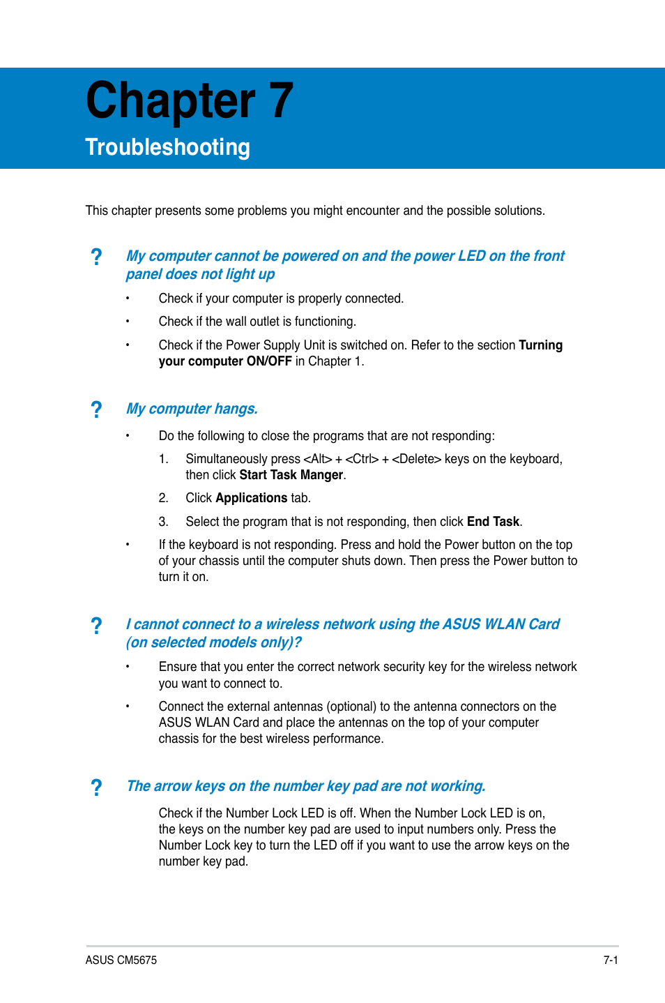 Chapter 7, Troubleshooting | Asus CM5675 User Manual | Page 68 / 71