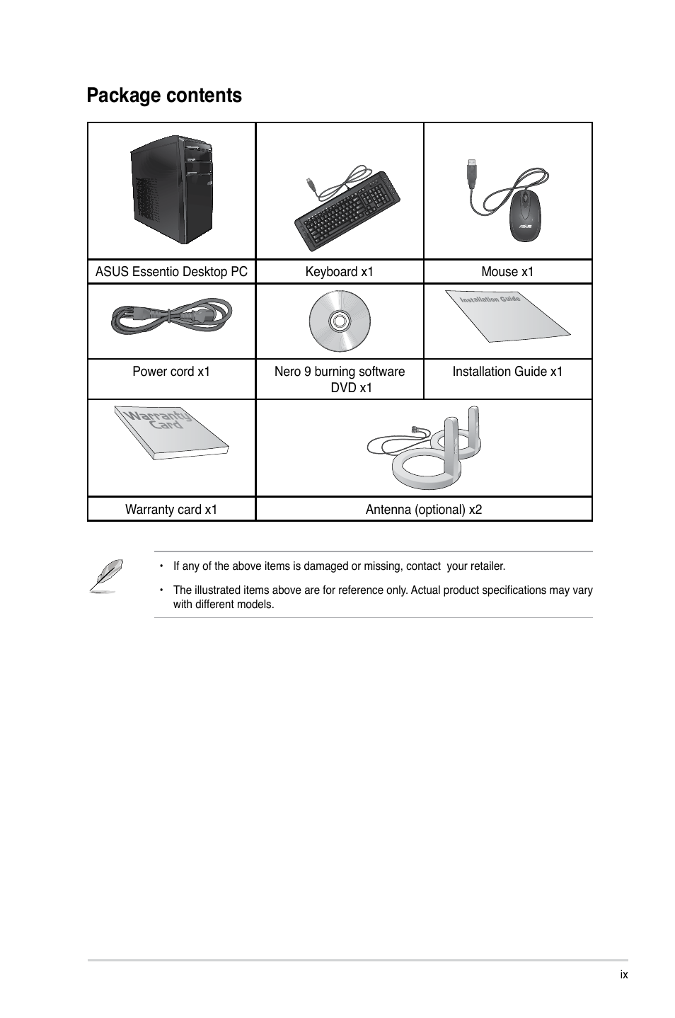 Package contents | Asus CM5675 User Manual | Page 9 / 71