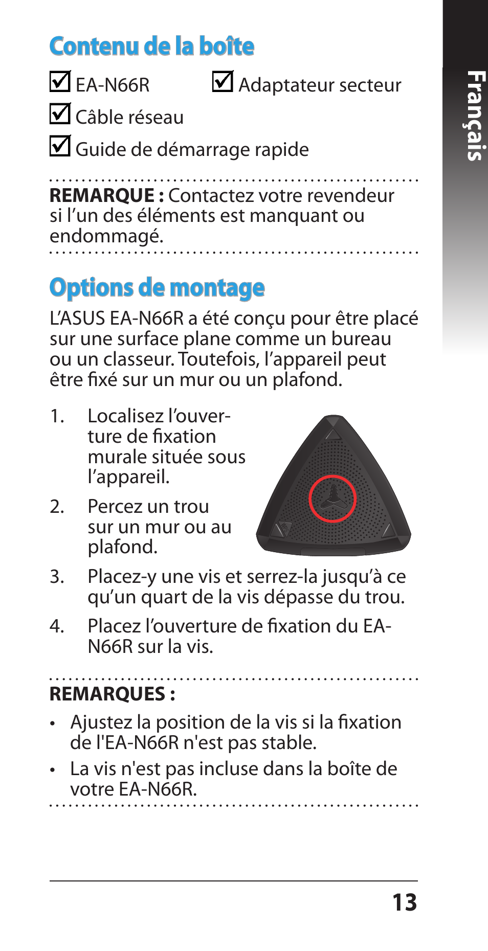 13 franç ais options de montage, Contenu de la boîte | Asus EA-N66R User Manual | Page 13 / 43