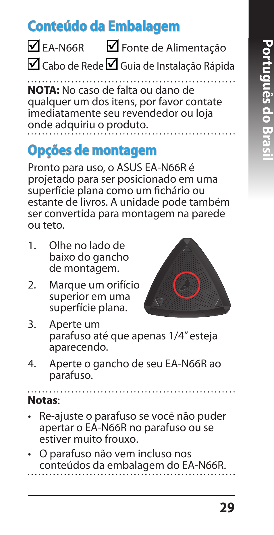 2 por tuguês do br asil opções de montagem, Conteúdo da embalagem | Asus EA-N66R User Manual | Page 29 / 43