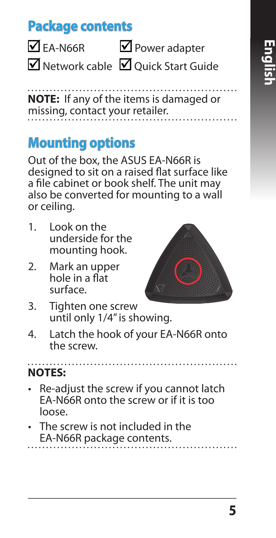English mounting options, Package contents | Asus EA-N66R User Manual | Page 5 / 43