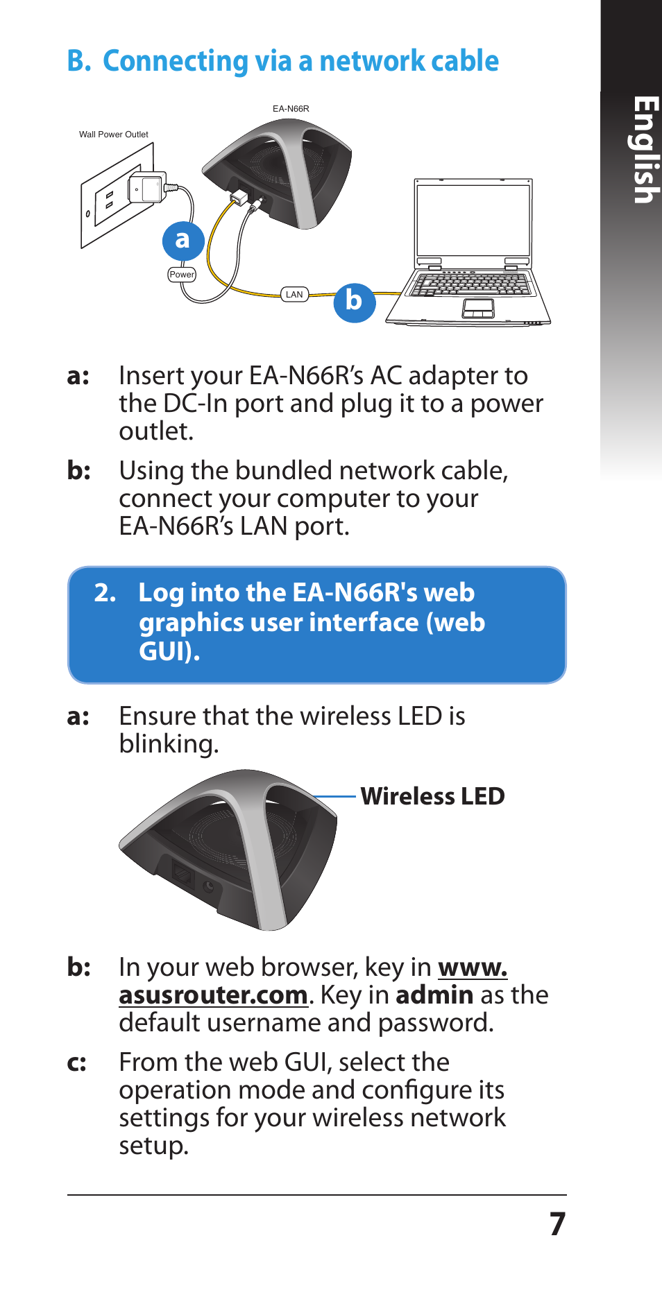 English, B. connecting via a network cable | Asus EA-N66R User Manual | Page 7 / 43