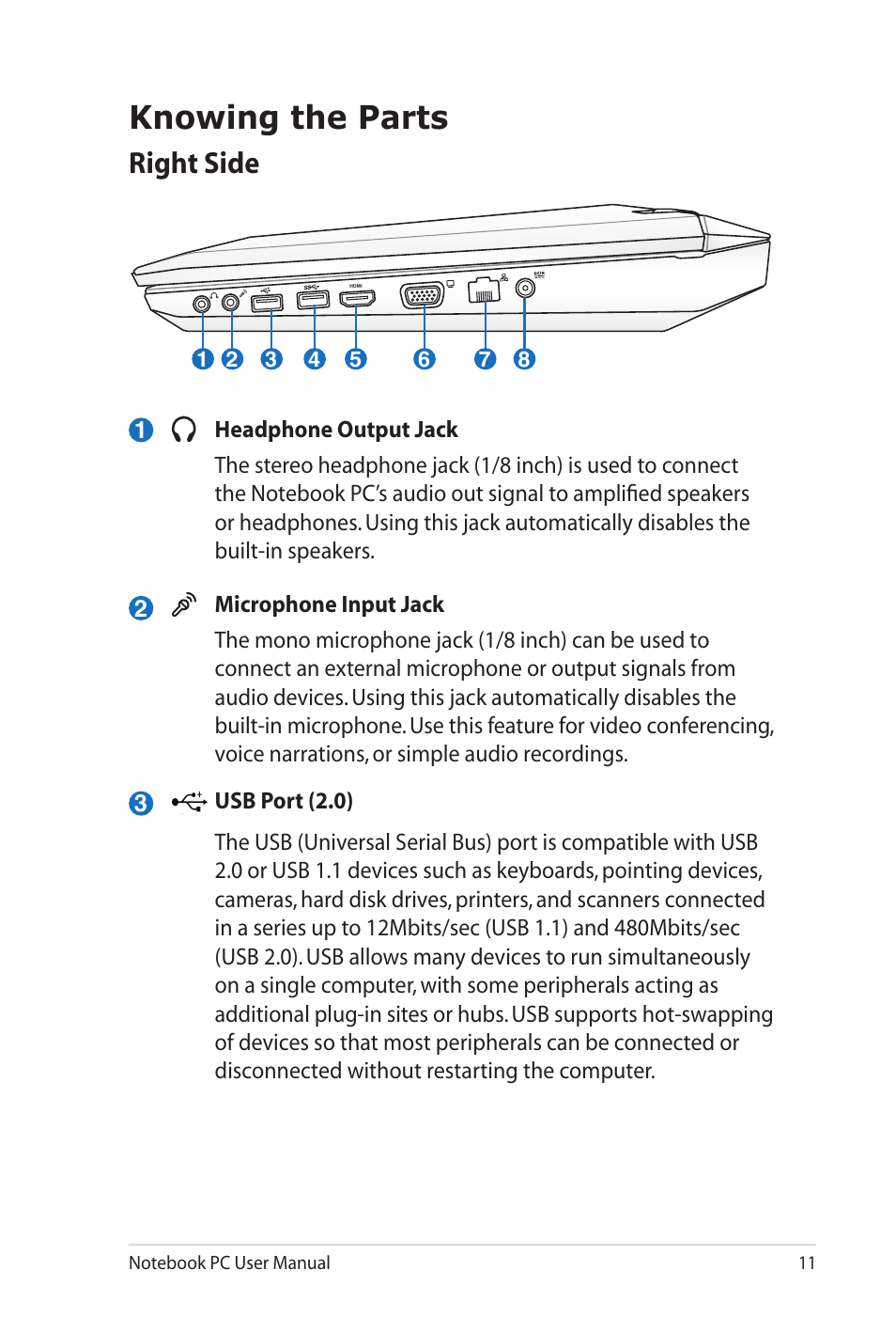 Knowing the parts, Right side | Asus G53JW User Manual | Page 11 / 30