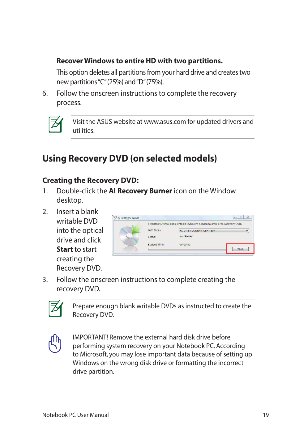 Using recovery dvd (on selected models) | Asus G53JW User Manual | Page 19 / 30