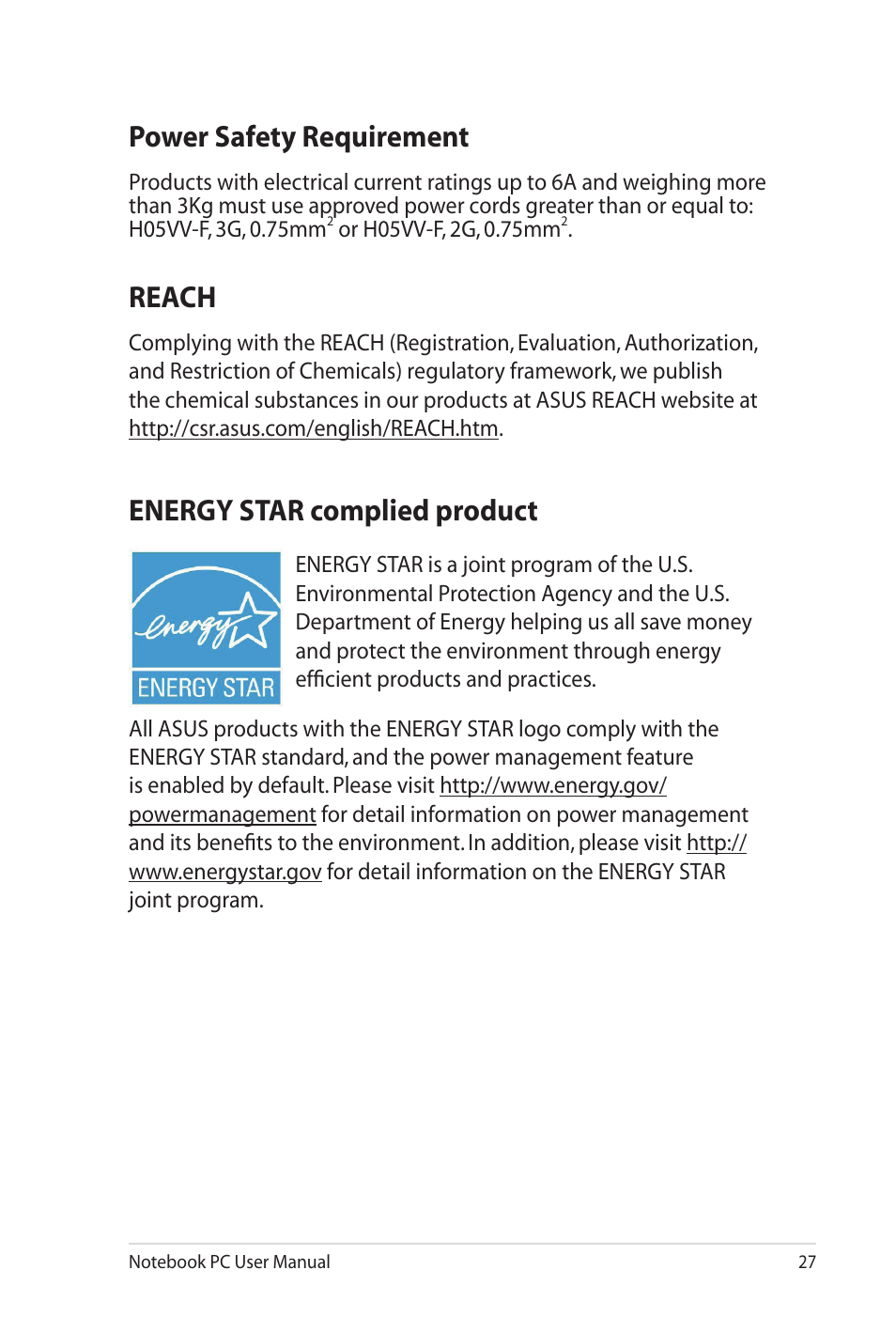 Power safety requirement, Reach, Energy star complied product | Asus G53JW User Manual | Page 27 / 30