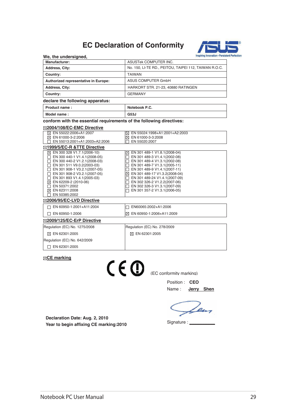 Ec declaration of conformity | Asus G53JW User Manual | Page 29 / 30