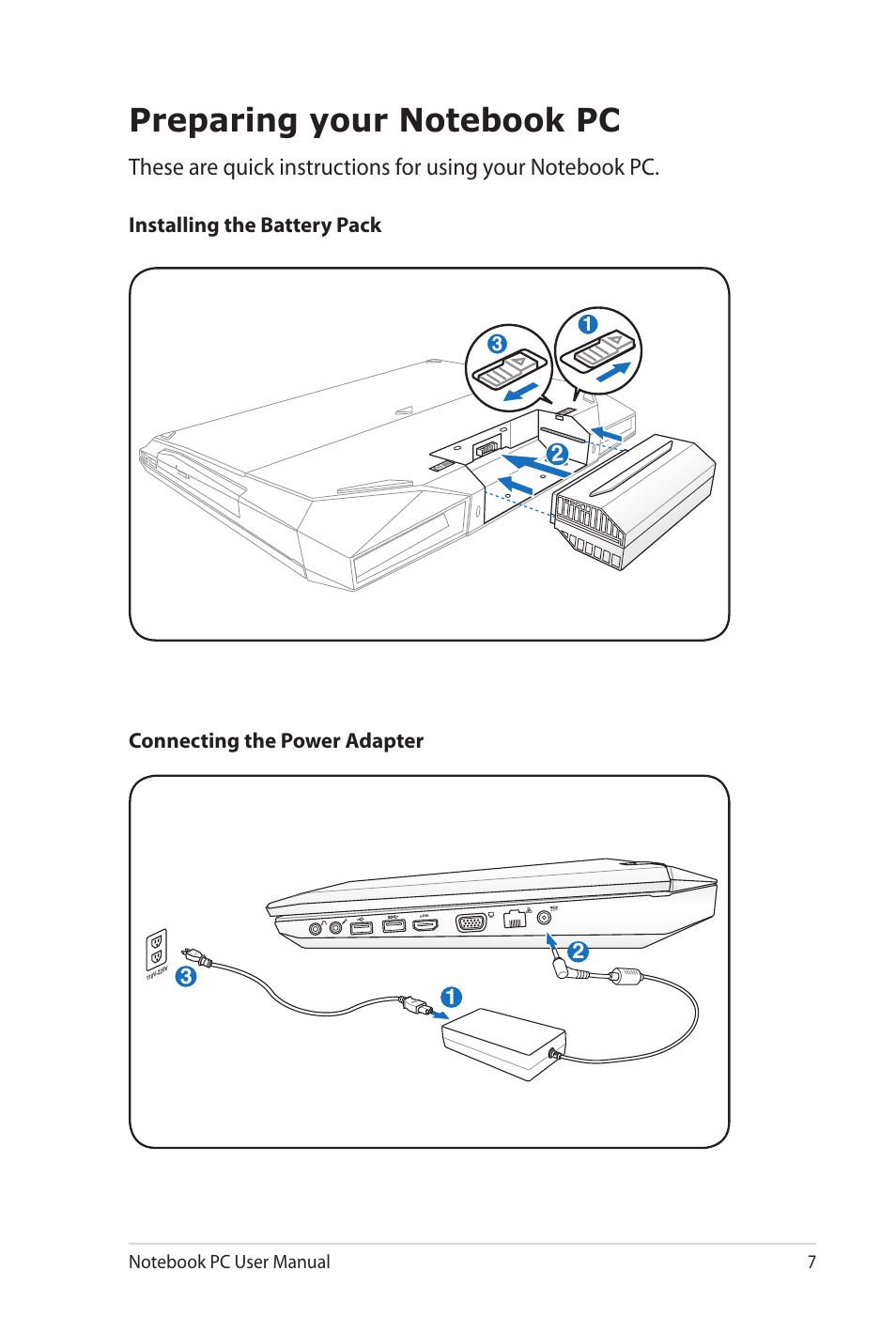 Preparing your notebook pc | Asus G53JW User Manual | Page 7 / 30