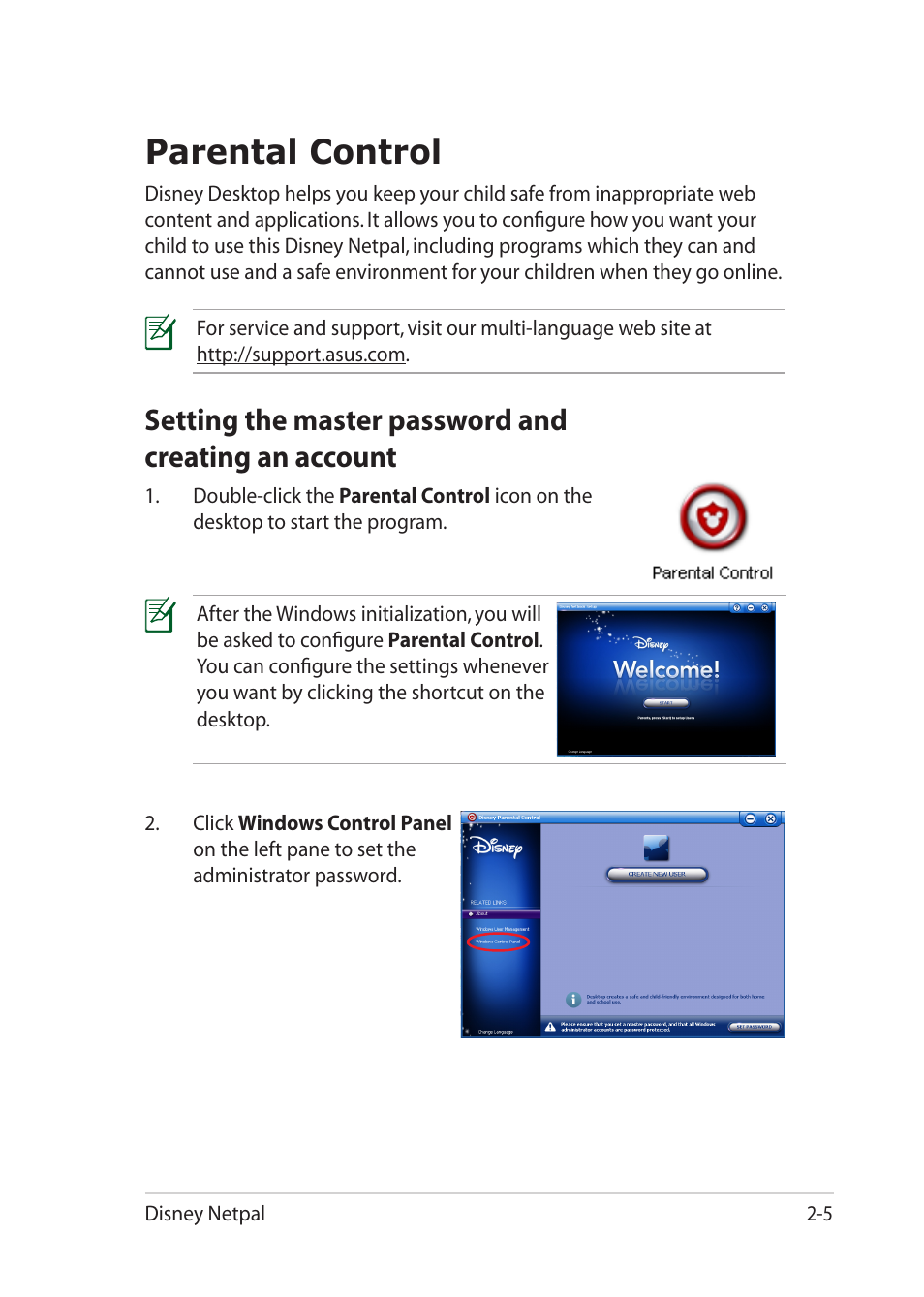 Parental control, Setting the master password andcreating an account, Parental control -5 | Asus Eee PC MK90H User Manual | Page 25 / 68