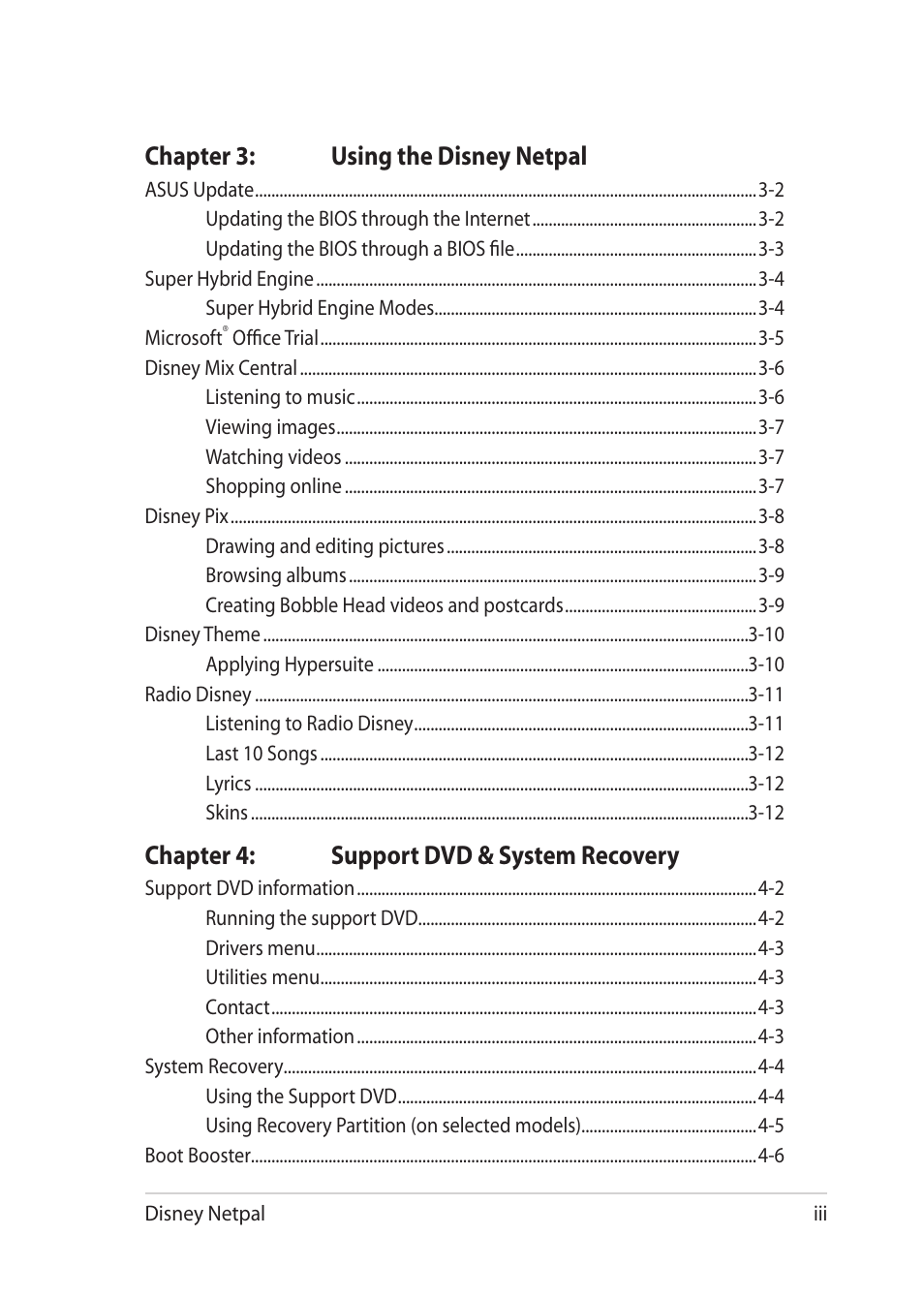 Chapter 3: using the disney netpal, Chapter 4: support dvd & system recovery | Asus Eee PC MK90H User Manual | Page 3 / 68