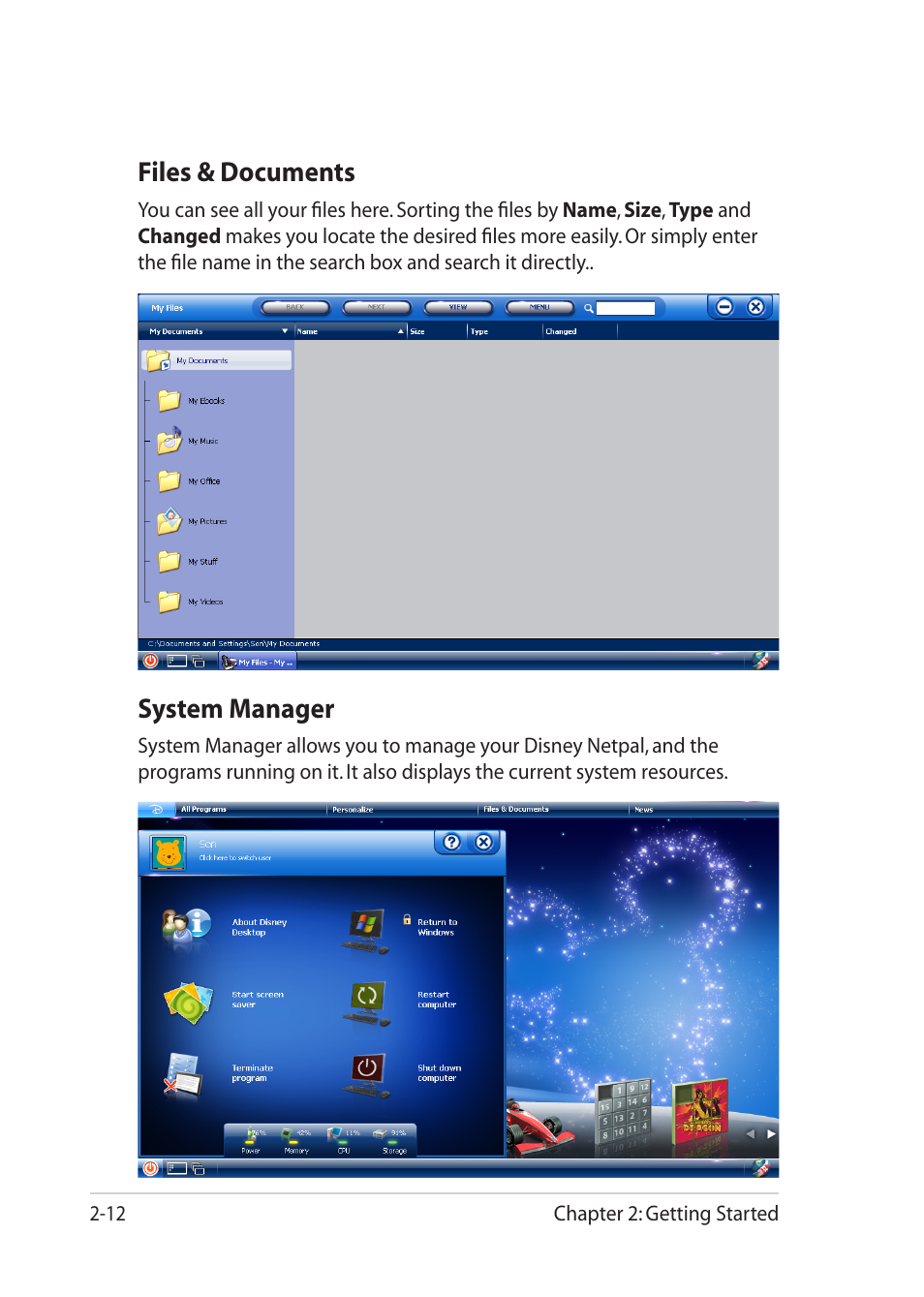 Files & documents, System manager | Asus Eee PC MK90H User Manual | Page 32 / 68
