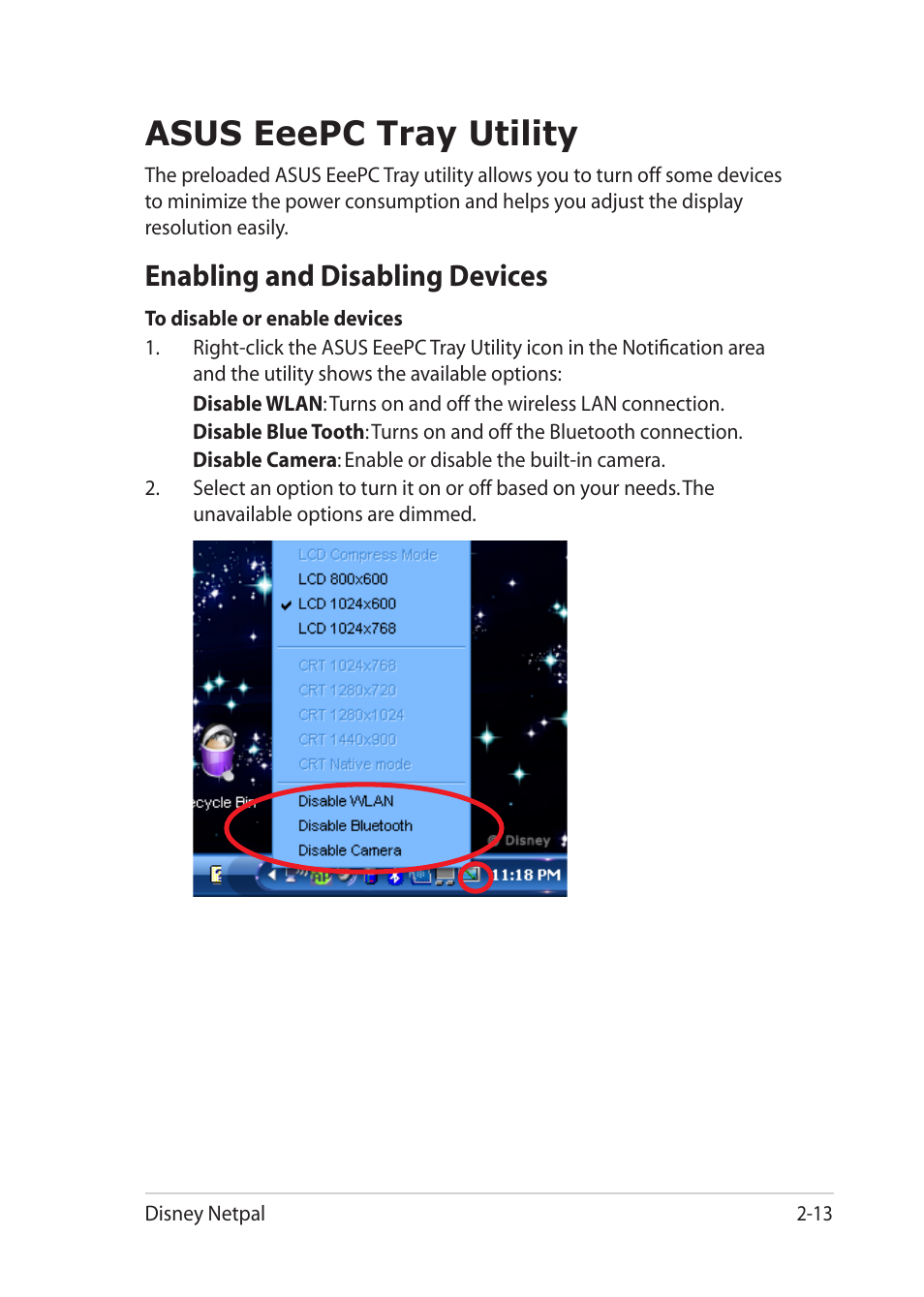 Asus eeepc tray utility, Enabling and disabling devices, Asus eeepc tray utility -13 | Enabling and disabling devices -13 | Asus Eee PC MK90H User Manual | Page 33 / 68