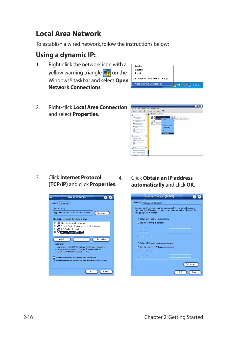 Local area network, Local area network -16, Using a dynamic ip | Asus Eee PC MK90H User Manual | Page 36 / 68