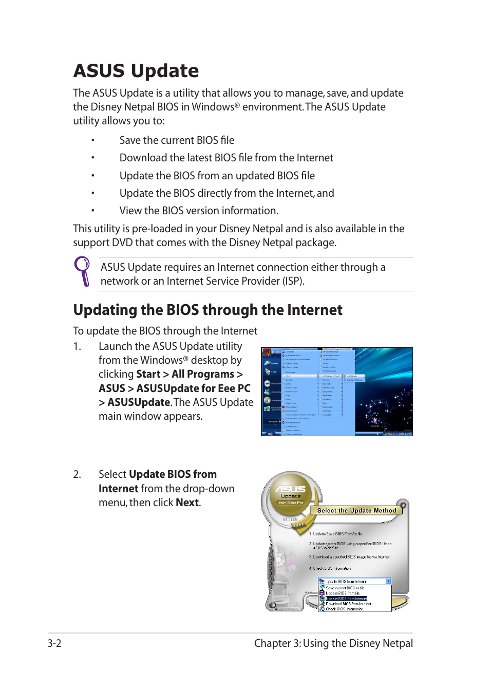 Asus update, Updating the bios through the internet, Asus update -2 | Updating the bios through the internet -2 | Asus Eee PC MK90H User Manual | Page 40 / 68