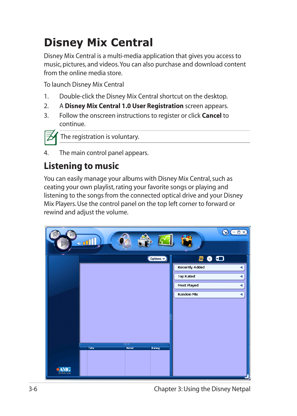 Disney mix central, Listening to music, Disney mix central -6 | Listening to music -6 | Asus Eee PC MK90H User Manual | Page 44 / 68