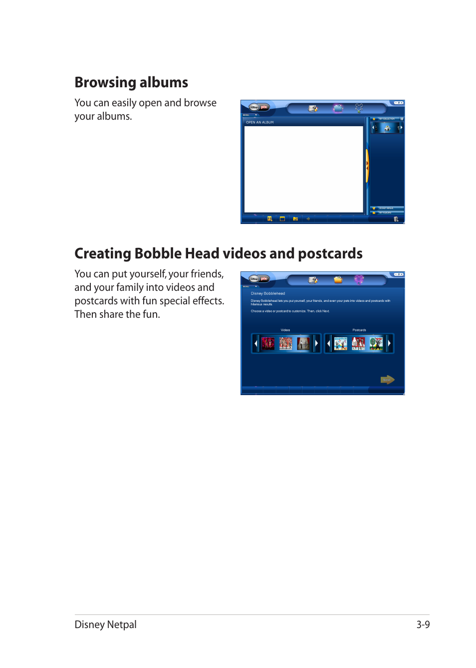 Browsing albums, Creating bobble head videos and postcards | Asus Eee PC MK90H User Manual | Page 47 / 68