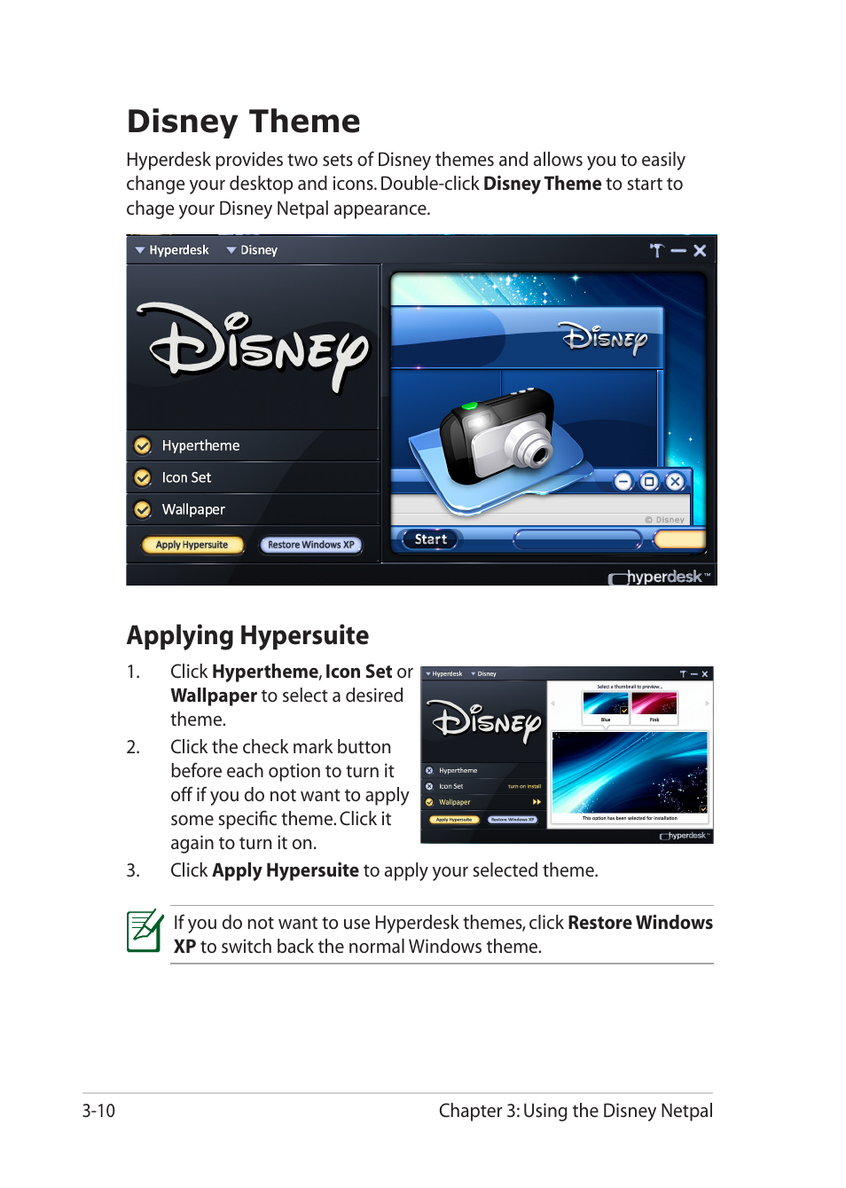Disney theme, Applying hypersuite, Disney theme -10 | Applying hypersuite -10 | Asus Eee PC MK90H User Manual | Page 48 / 68