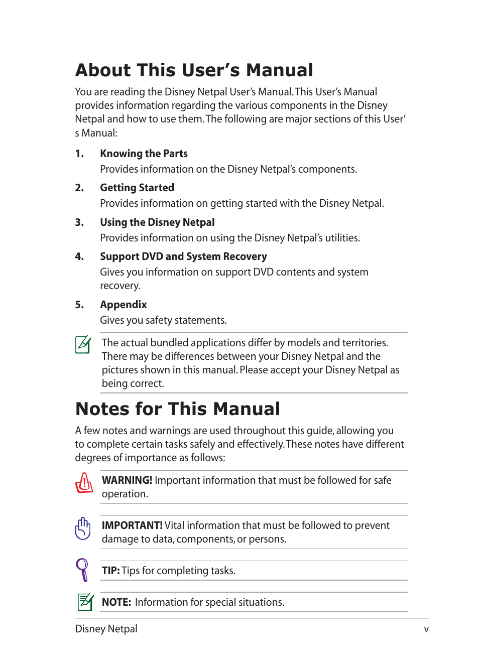 About this user’s manual, Notes for this manual | Asus Eee PC MK90H User Manual | Page 5 / 68