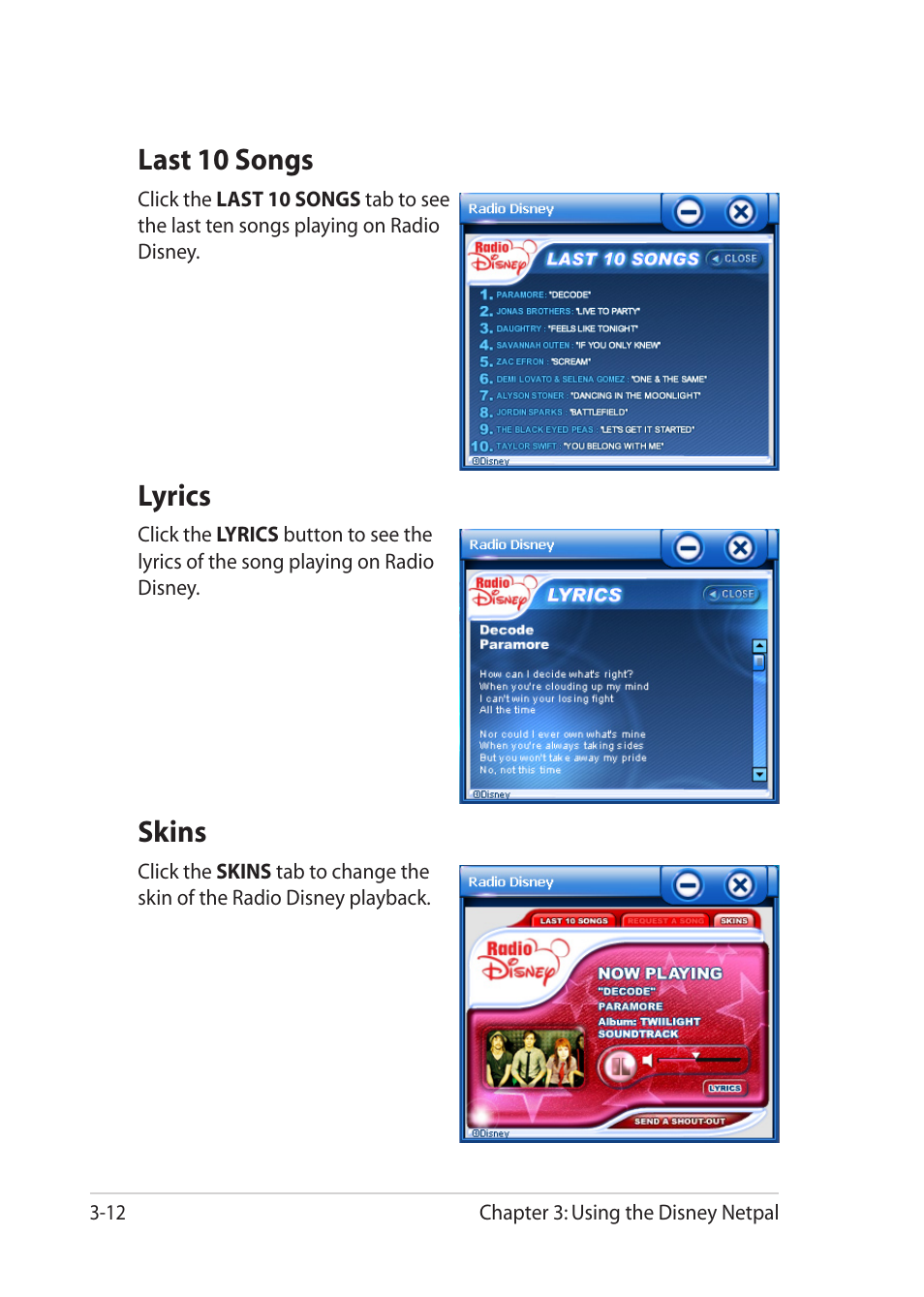 Last 10 songs, Lyrics, Skins | Last 10 songs -12 lyrics -12 skins -12 | Asus Eee PC MK90H User Manual | Page 50 / 68