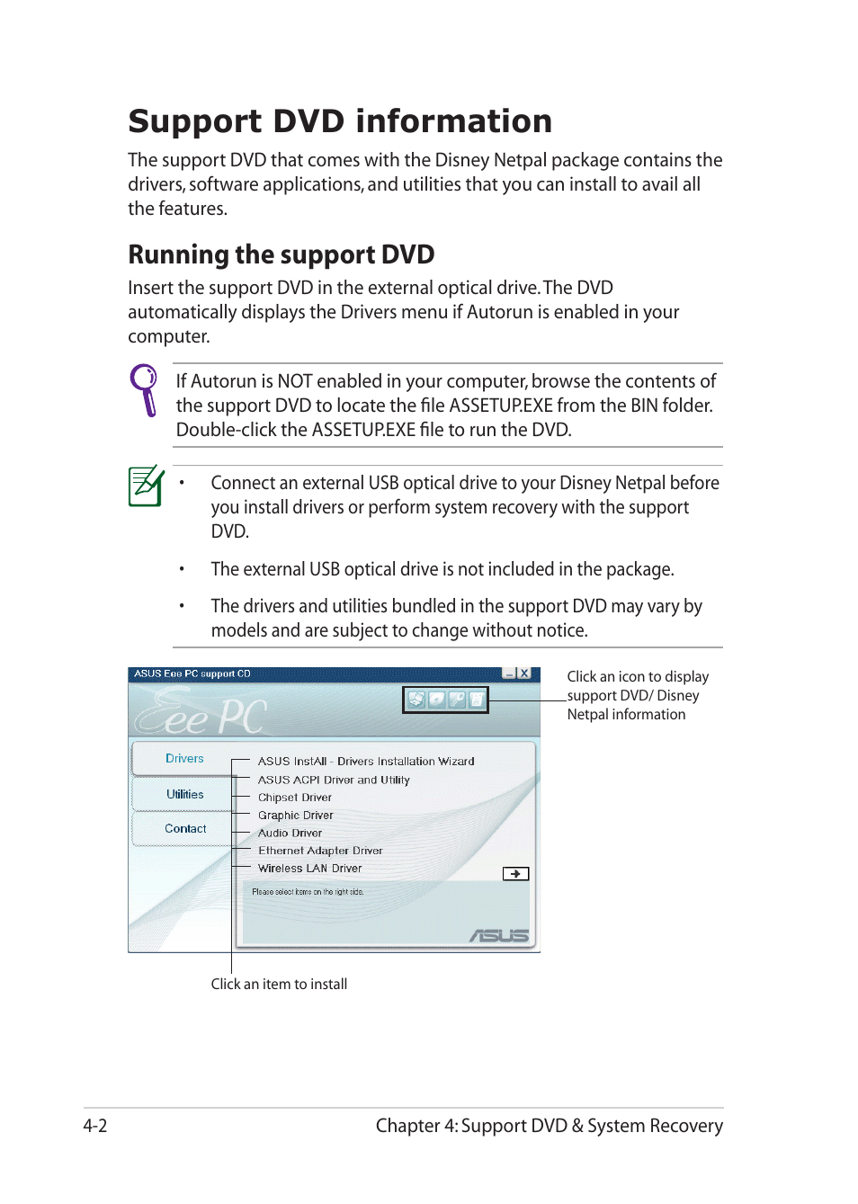 Support dvd information, Running the support dvd, Support dvd information -2 | Running the support dvd -2 | Asus Eee PC MK90H User Manual | Page 52 / 68