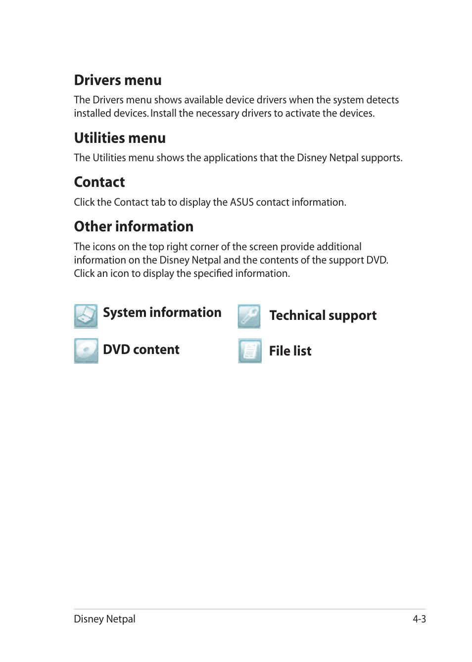 Drivers menu, Utilities menu, Contact | Other information | Asus Eee PC MK90H User Manual | Page 53 / 68