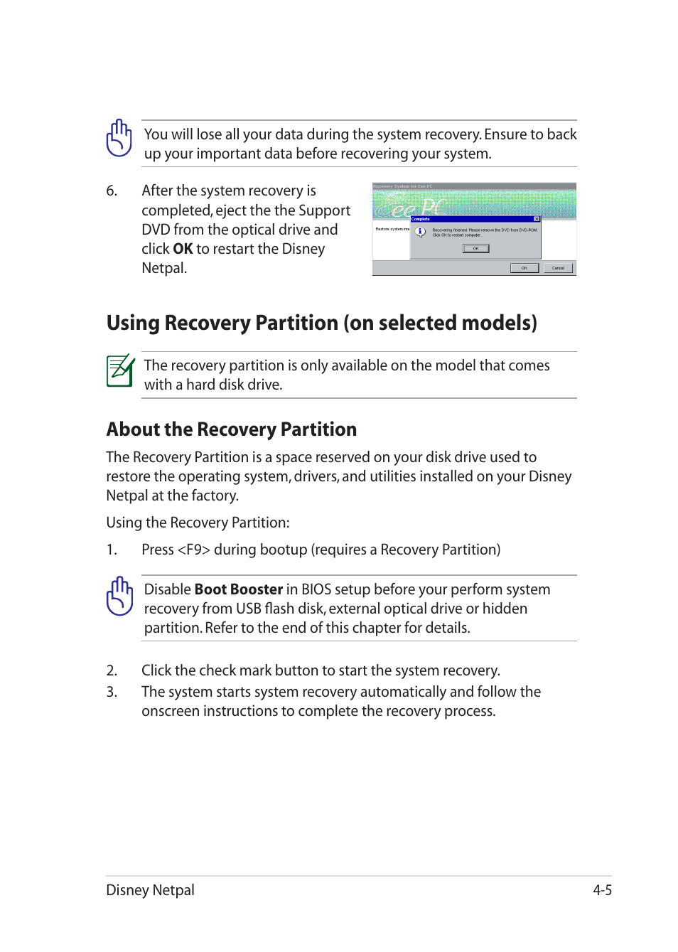 Using recovery partition (on selected models), Using recovery partition (on selected models) -5, About the recovery partition | Asus Eee PC MK90H User Manual | Page 55 / 68