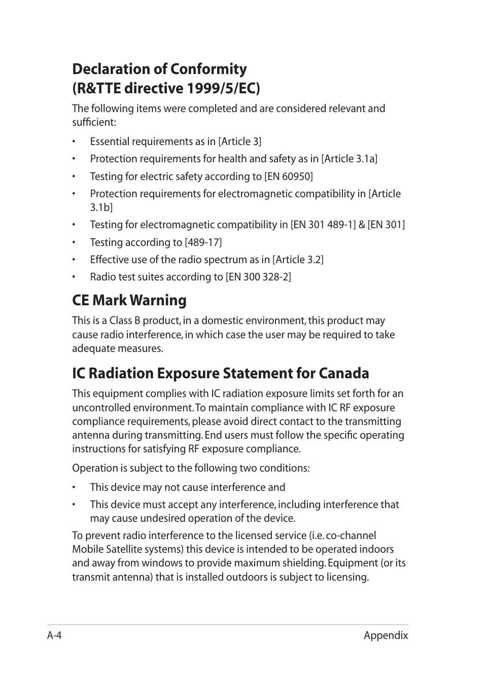 Ce mark warning, Ic radiation exposure statement for canada | Asus Eee PC MK90H User Manual | Page 60 / 68