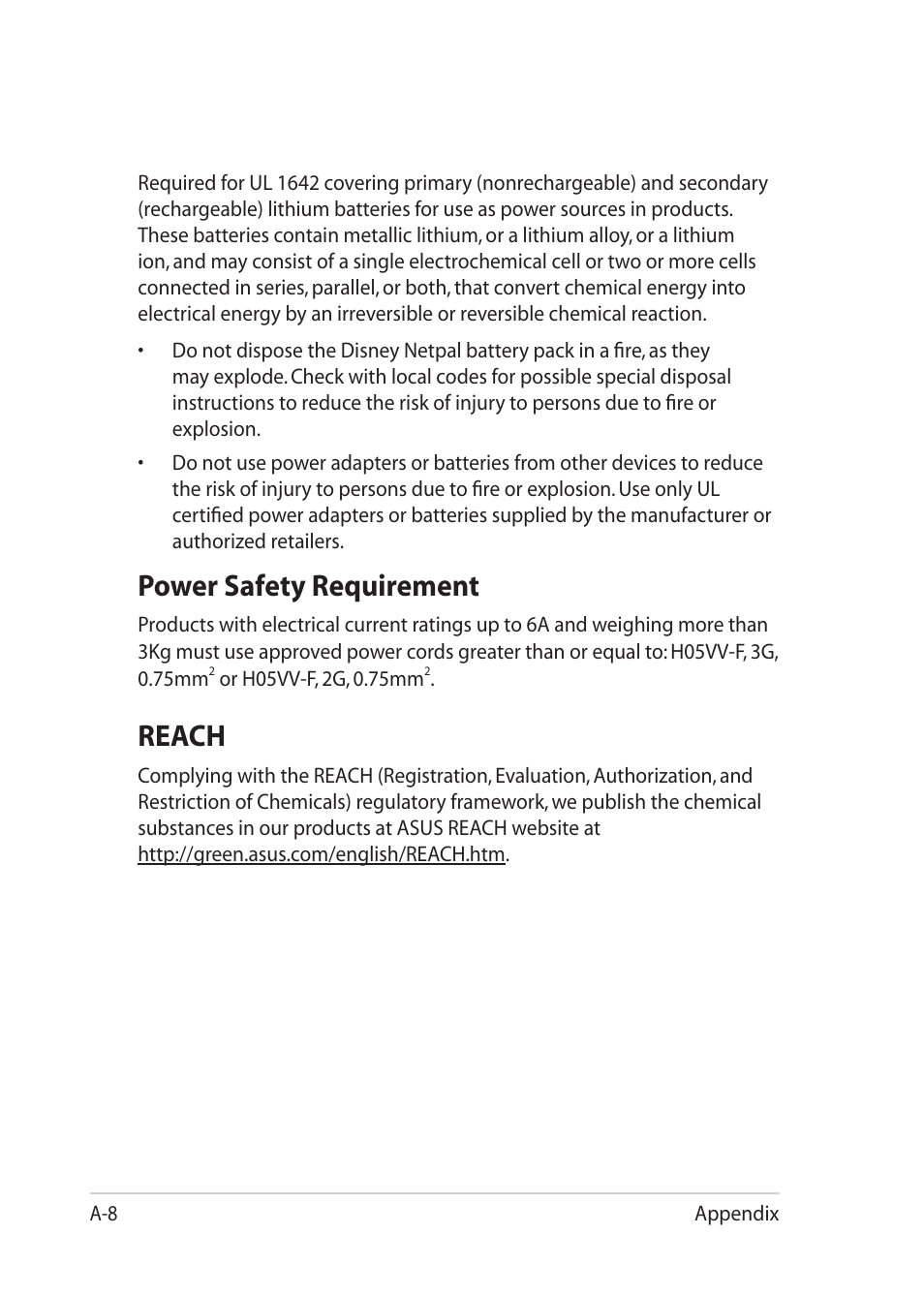 Reach, Power safety requirement | Asus Eee PC MK90H User Manual | Page 64 / 68