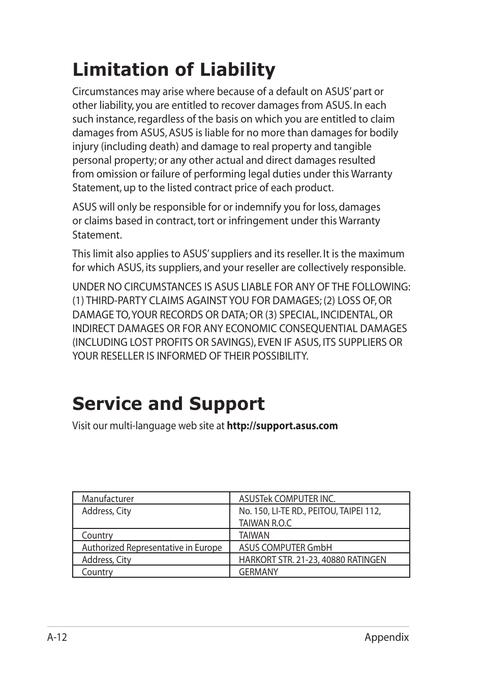 Limitation of liability, Service and support | Asus Eee PC MK90H User Manual | Page 68 / 68