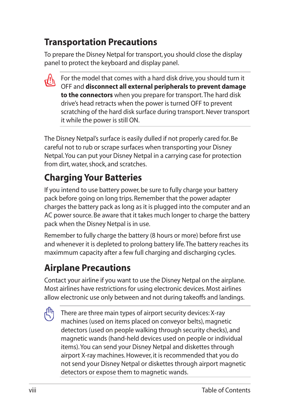 Transportation precautions, Charging your batteries, Airplane precautions | Asus Eee PC MK90H User Manual | Page 8 / 68