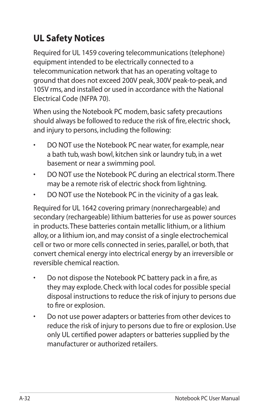 Ul safety notices | Asus X7CBE User Manual | Page 104 / 116