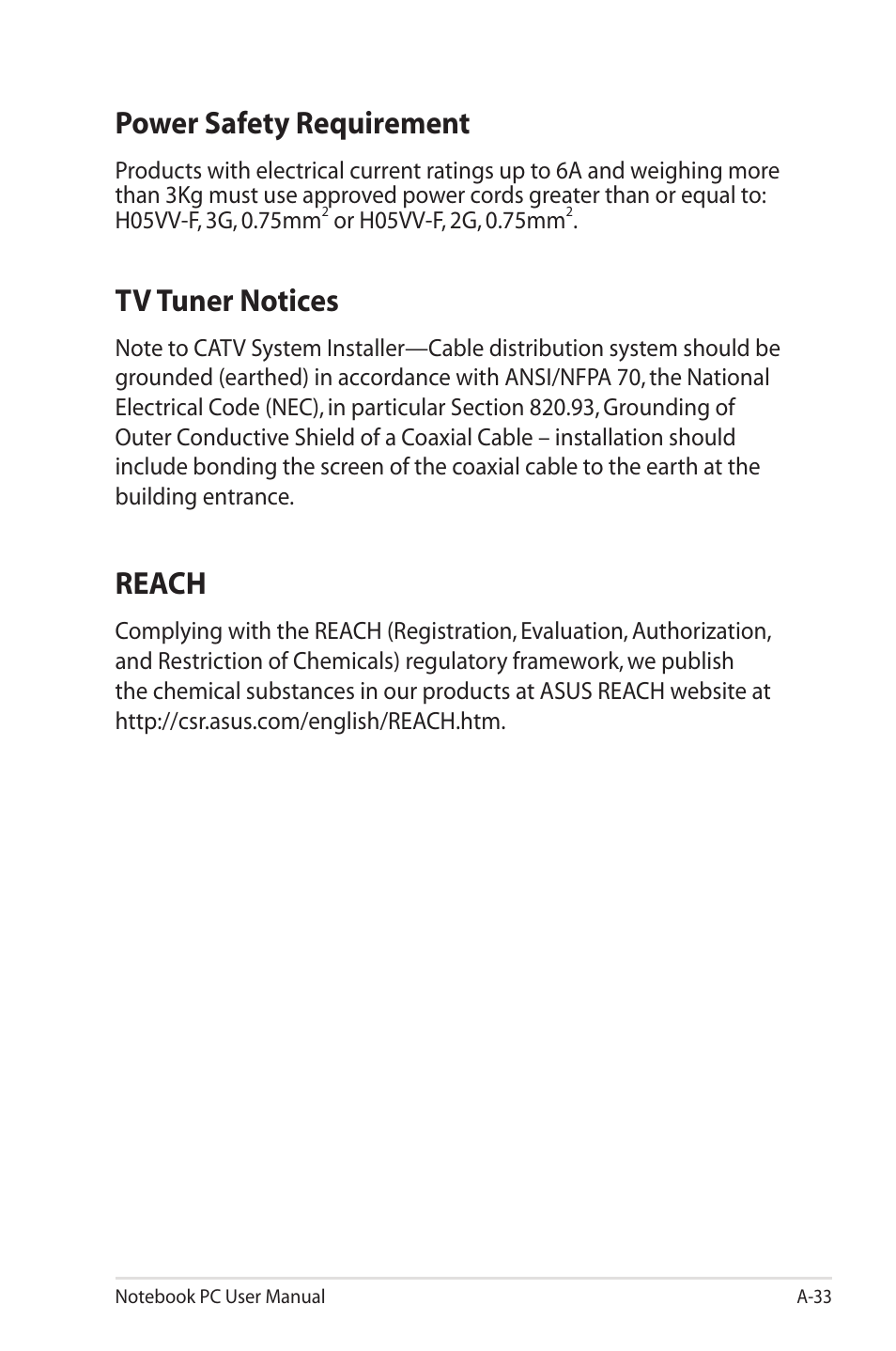 Power safety requirement, Reach, Tv tuner notices | Asus X7CBE User Manual | Page 105 / 116