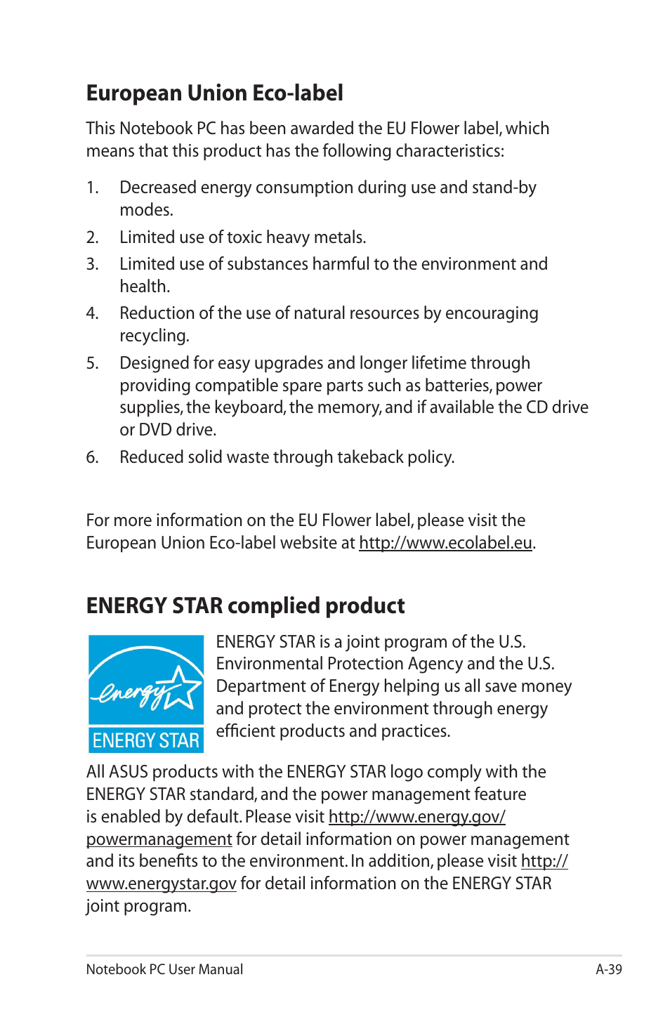 European union eco-label, Energy star complied product | Asus X7CBE User Manual | Page 111 / 116