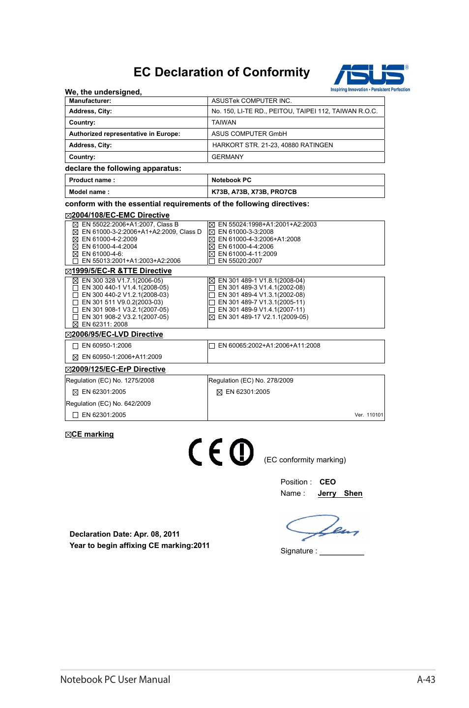 Ec declaration of conformity | Asus X7CBE User Manual | Page 115 / 116