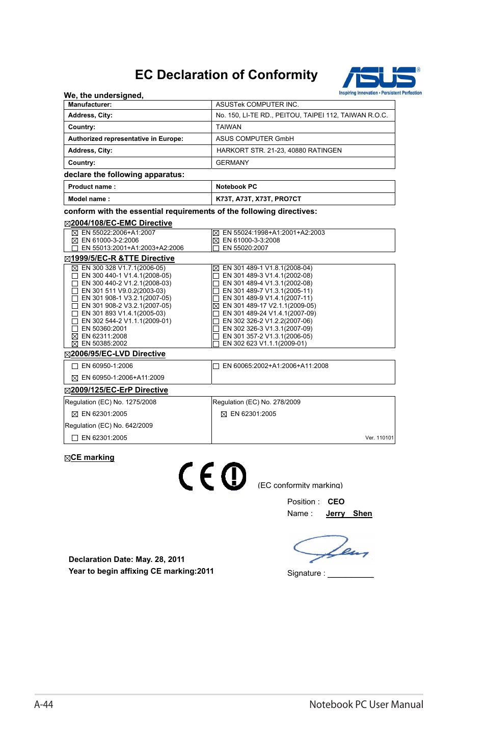 Ec declaration of conformity | Asus X7CBE User Manual | Page 116 / 116