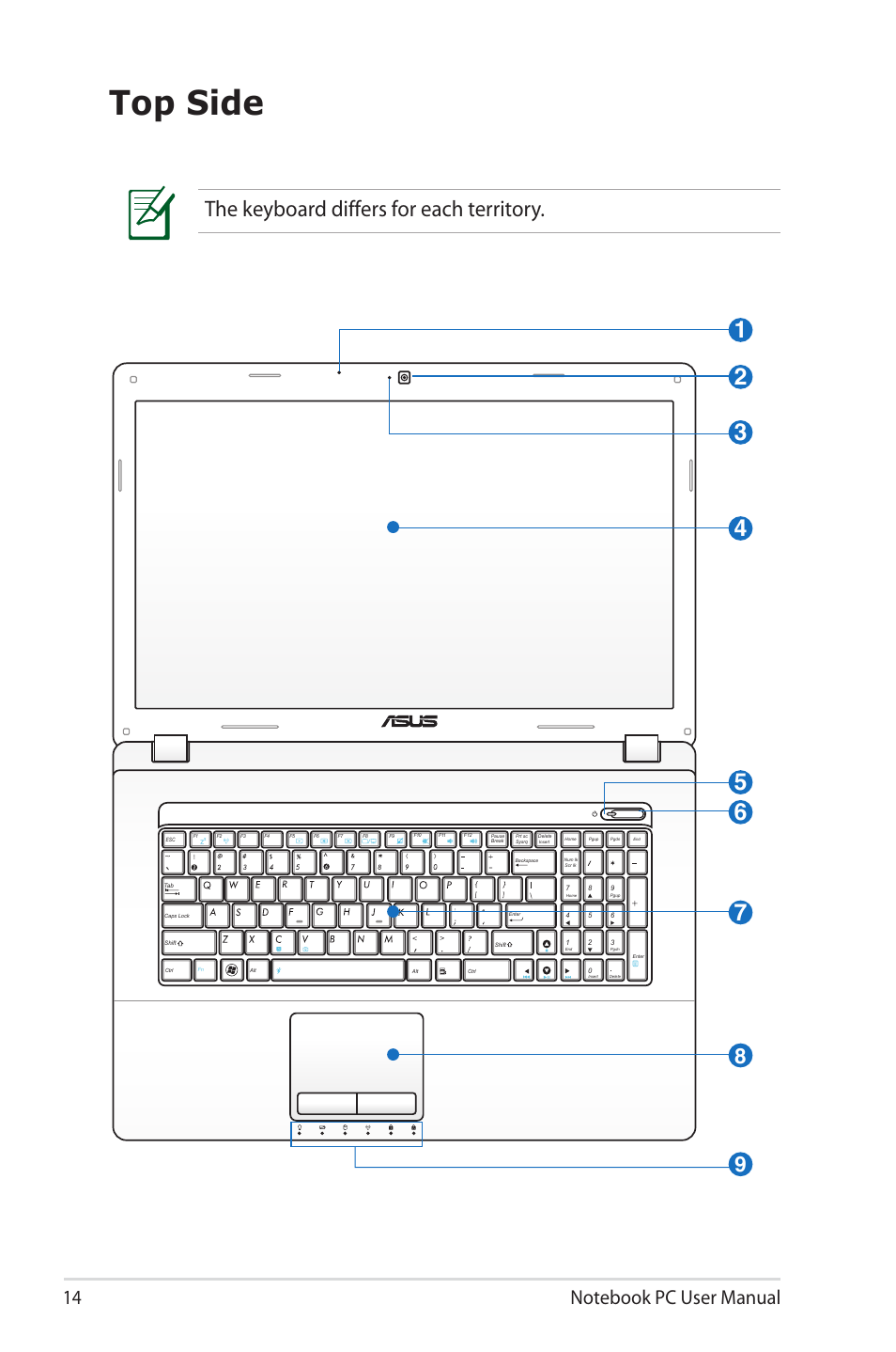 Top side, The keyboard differs for each territory | Asus X7CBE User Manual | Page 14 / 116