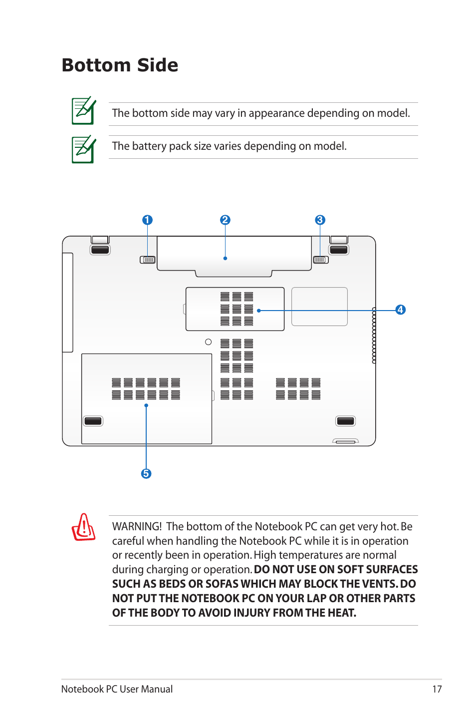 Bottom side | Asus X7CBE User Manual | Page 17 / 116