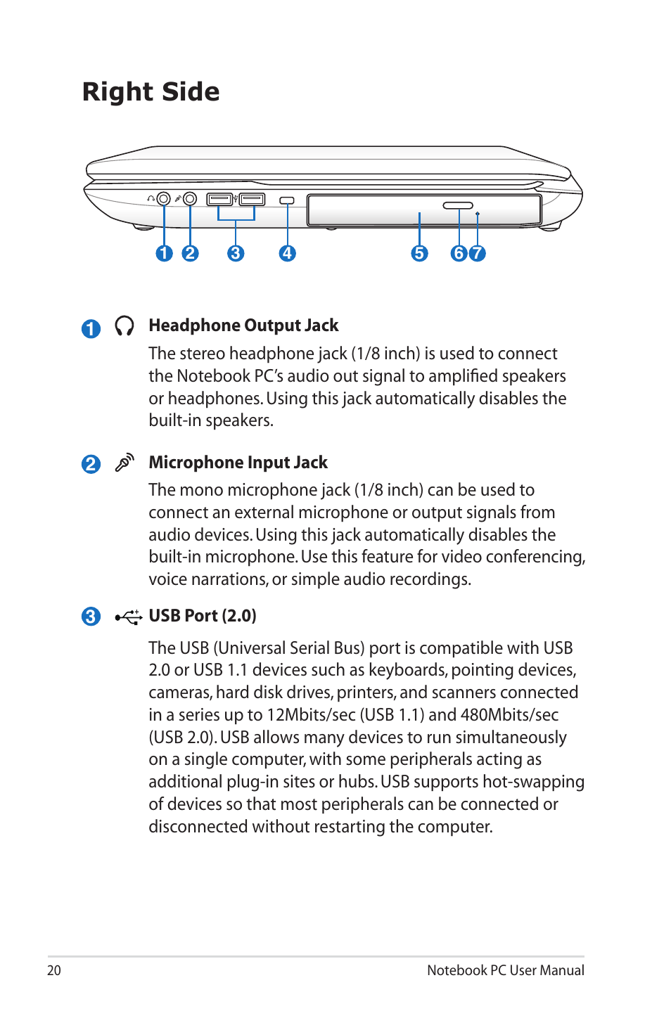 Right side | Asus X7CBE User Manual | Page 20 / 116