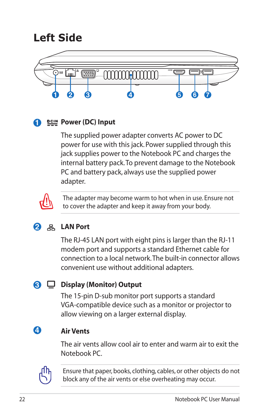 Left side | Asus X7CBE User Manual | Page 22 / 116